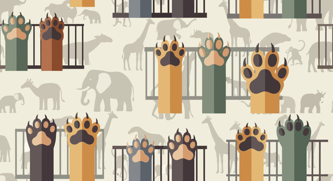 Seamless pattern featuring stylized animal paws behind bars on a muted background with safari