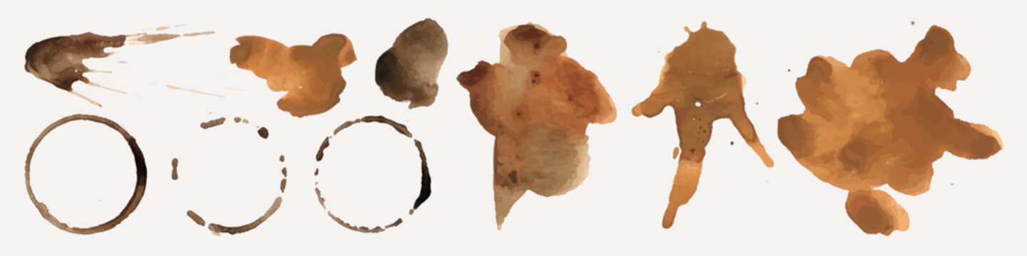 Vector of abstract coffee stains and splashes in various shapes and shades.