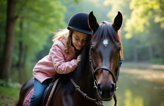 Young girl in helmet hugs brown horse while riding outdoors by calm lake. Gentle bond between child and animal in peaceful nature setting. Equestrian activity in green forest.