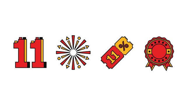 Set of 1111 shopping festival icons including number eleven firework coupon and badge.