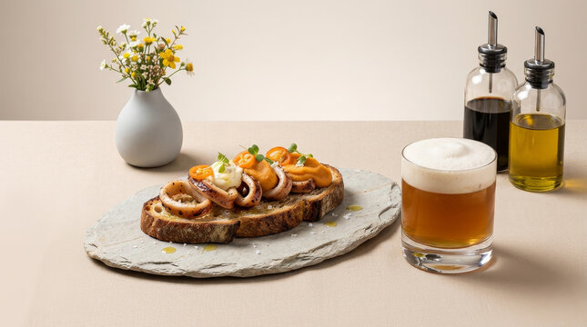 Smoked squid bruschetta with sweet potato puree served with a handcrafted cacha&ccedil;a cocktail and cashew foam on a fine linen table setting.
