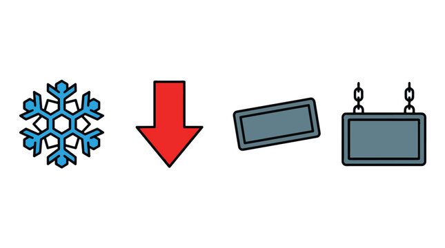 Set of four colorful vector icons including snowflake arrow and signs.