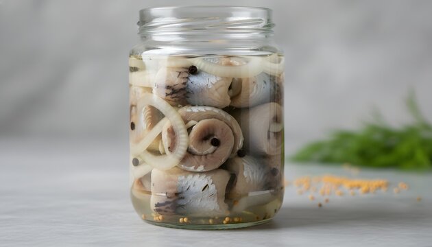 Traditional pickled herring rollmop in a glass jar with onions and spices, showcasing preserved fish as a classic European culinary concept in studio light