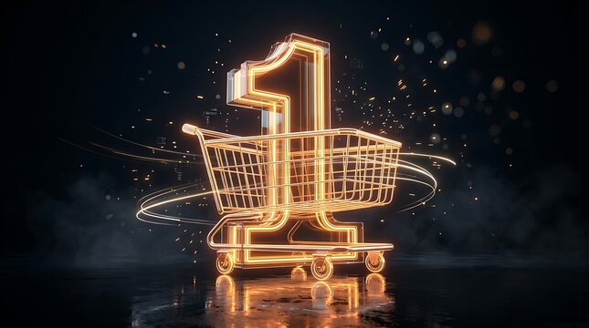 Glowing neon number one inside a wireframe shopping cart symbolizing top e-commerce sales and number one online retail ranking.