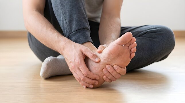 Painful foot massage for plantar fasciitis relief, man holding sore heel and arch, orthopedic foot pain and sports injury concept