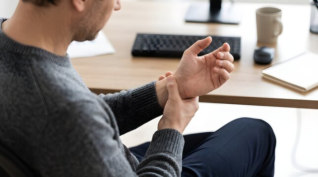 Wrist pain and carpal tunnel syndrome, man holding painful hand at office desk, repetitive strain injury from computer work, ergonomic health concept