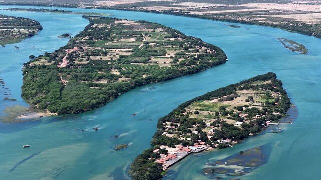 Sao Francisco River In Petrolina In Pernambuco Brazil. Nature Landscape. Rodeadouro And Massangano Island. Northeast River Skyline. Sao Francisco River In Petrolina Pernambuco. Riverside Vegetation.