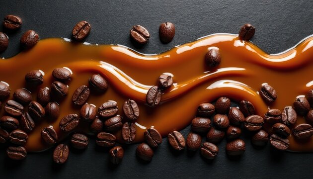 Roasted coffee beans spill across smooth caramel sauce, creating rich aroma and delicious taste for cafe menu. Morning energy boost for active lifestyle.