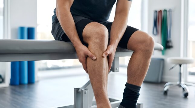 Athletic man holding painful leg in physiotherapy clinic, sports injury recovery and physical therapy, male patient with calf muscle pain