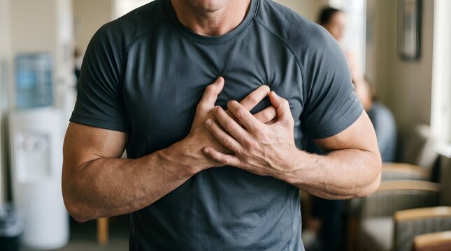 Heart attack symptoms in athletic man, male athlete clutching chest in pain, cardiac arrest emergency during workout, cardiovascular health crisis