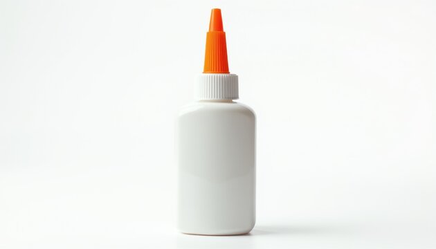 White glue bottle with orange tip stands on clean white background. This craft supply adhesive is perfect for school, office, or hobby projects. Simple design, easy to use.