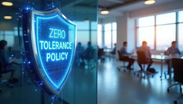 Digital shield with zero tolerance policy text glows. Corporate office interior shows blurred people at desks. Strict rules, security, compliance, and ethics concept.