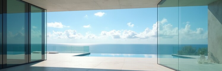 Obraz premium Modern villa with infinity pool overlooks blue ocean horizon. Glass walls and terrace offer clear sea view, bright sky with clouds. Minimalist architecture, luxury estate.