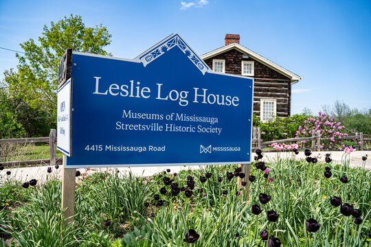 Sign of Leslie Log House historic museum in Mississauga. Mississauga, Canada - May 17, 2026.