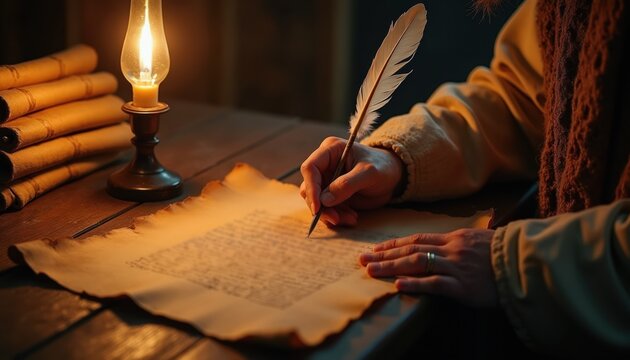 Person writes old document with feather pen by candlelight. Parchment scrolls stack near lamp on wooden table. Scholar works on history text late at night.