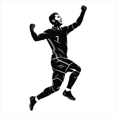 Obraz premium A black silhouette of a football player jumping in mid-air to celebrate a victory, isolated on a white background.