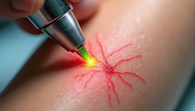 Doctor treats leg spider veins with laser pen. Medical cosmetic procedure removes red vascular lesions on skin surface. Vein therapy session, health care.