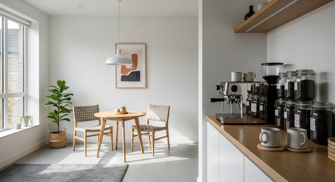 Modern bright kitchen interior with dedicated coffee station