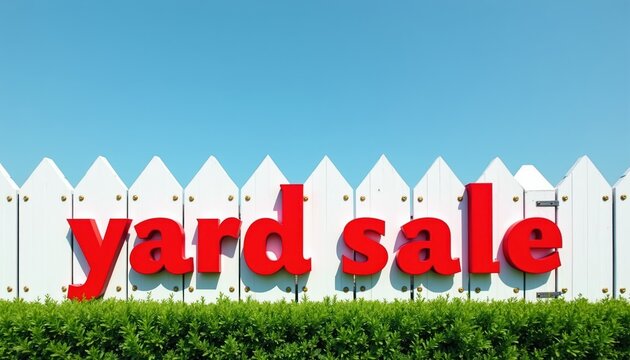 Red letters spell yard sale on white picket fence. Green bushes below a clear blue sky. Perfect for announcing bargains and second hand finds.