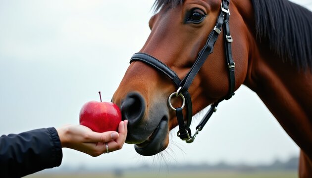 Brown horse eats red apple offered by person hand. Equine enjoys healthy fruit treat from owner. Close up of animal muzzle and human arm outdoor.