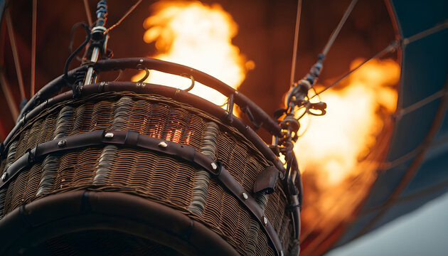 Close-up Shot of a Vintage Hot Air Balloon Basket with Leather Trim and a Powerful Orange Glow from the Burner Flame Lighting Up