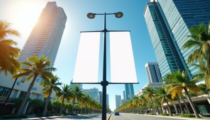 Obraz premium Two blank street banners hang from pole on sunny city avenue. Tall glass skyscrapers and palm trees line street. Cars drive on road, clear sky overhead.