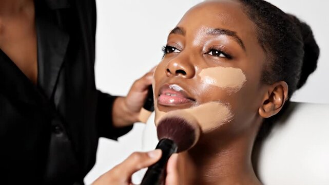 A skilled makeup artist meticulously applies luscious foundation with a fluffy brush, creating a flawless complexion for a radiant dark-skinned woman whose eyes are focused with anticipation
