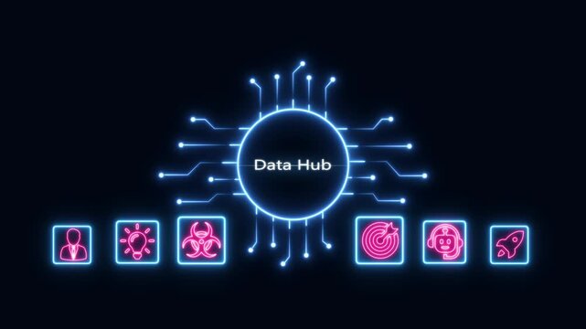 Data Hub Concept with Neon Icons and Circuit Board