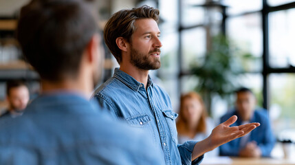 Fototapeta premium A European team leader viewed from behind presents softly a bright idea to a calm coworkers group during a casual office briefing in soft daylight, peer coaching, faceless back