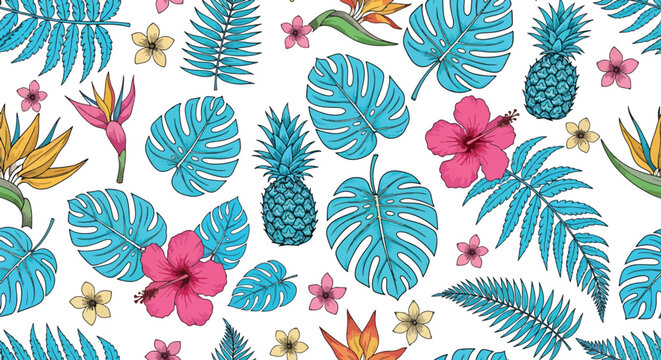 Tropical floral seamless pattern with monstera leaves hibiscus flowers and pineapples