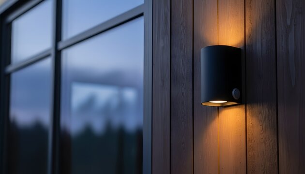 Modern black outdoor porch sconce with motion sensor illuminating a wooden facade of a contemporary house at twilight, representing smart home security and welcoming ambiance concept