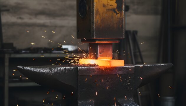 Industrial power hammer forging a glowing hot steel billet on a heavy anvil with bright sparks flying in a metalworking workshop for heavy manufacturing concept