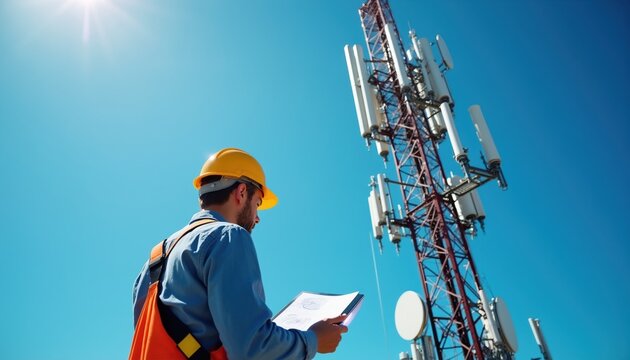 Worker in yellow hard hat reviews documents near tall cell tower. Technician checks antennas against bright blue sky. Engineer inspects network infrastructure for signal transmission.