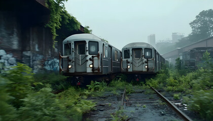 Obraz premium Tracking shot of abandoned subway cars derailed on overgrown railway tracks moving forward through post apocalyptic urban ruins at dusk