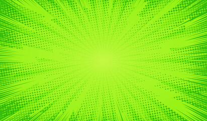 Obraz premium Comic background. Green background in pop art comics style. Cartoon thunder lightning. Game show. Funny book page. Fun dot popart pattern for sale. Sunburst bubble. Starburst bg. Vector illustration
