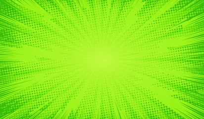 Fotobehang Pop Art Comic background. Green background in pop art comics style. Cartoon thunder lightning. Game show. Funny book page. Fun dot  popart pattern for sale. Sunburst bubble. Starburst bg. Vector illustration  © Omeris