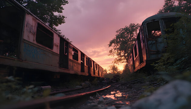 Tracking shot of abandoned subway cars derailed on overgrown railway tracks moving forward through post apocalyptic urban ruins at dusk