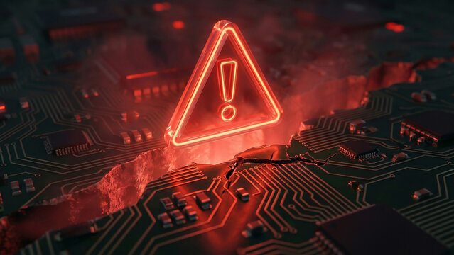 Glowing Red Warning Triangle on Cracked Circuit Board Symbolizing System Failure and Cyber Security Threat Perfect for Technology Advertising Presentation and Cybersecurity Website Background