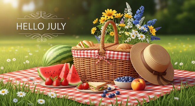 Hello July greeting text with summer picnic basket fresh fruits and flowers on red checkered blanket in sunny grass field