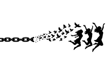 Obraz premium Broken black metal chain dissolving into dark dust and shadow, vector illustration isolated on transparent background for freedom, escape, liberation, breaking barriers and abstract concept designs