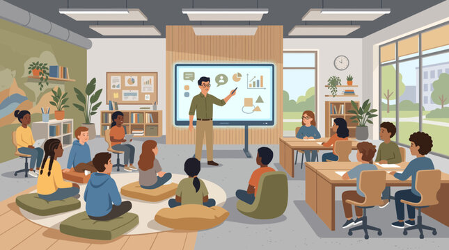 Teacher using interactive whiteboard in a modern diverse classroom