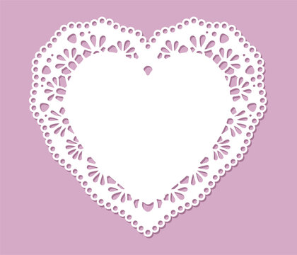 Vintage lace doily framed in oval round and heart shapes. Delicate white paper borders with ornate patterns, perfect for wedding invitations and decorative designs. Vector illustration