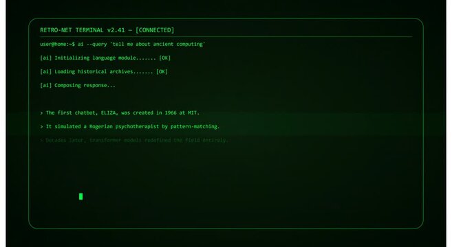 Retro green terminal ai chatbot interface command animation