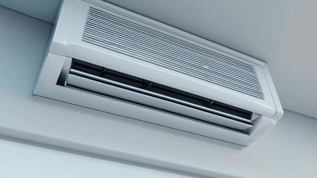 Modern white air conditioning unit mounted on a wall. Minimalist HVAC system for climate control. Interior cooling technology