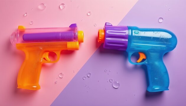 Two colorful water guns rest on split pink, purple background with scattered water drops. Toys face, suggesting playful duel summer fun. Vibrant plastic blasters ready for aquatic combat.