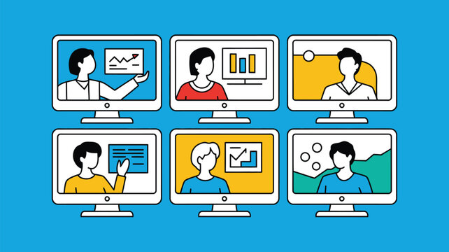 Computers display a series of professional video conference meetings in a grid.