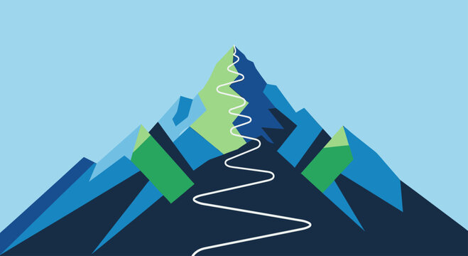 Geometric mountain range with winding white path leading to summit