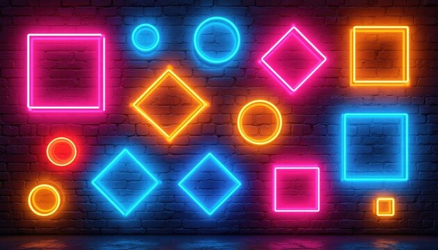 Bright neon geometric shapes including circles squares and diamonds glow on dark brick wall. Abstract vibrant pattern creates modern retro aesthetic for digital art.