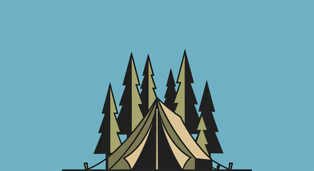 Fototapeta premium A simplistic illustration of a tent set up among evergreen trees under a clear blue sky