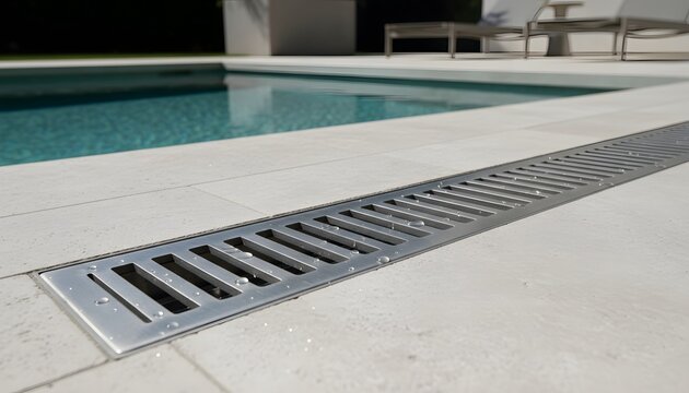 Stainless steel pool deck drain grate installed on a modern luxury swimming pool side, representing water drainage concept and contemporary outdoor design